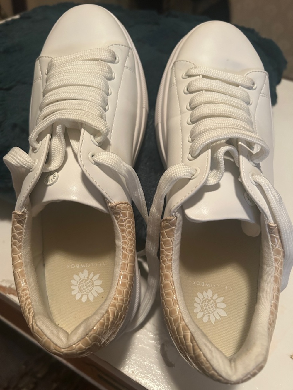 Yellow Box White Sneakers with Beige Croc Heel